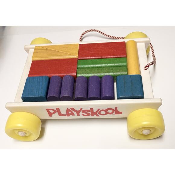 Playskool Other - Vintage Playskool Wagon Of Blocks 1976 Wooden Building Shapes Colors Pull Along